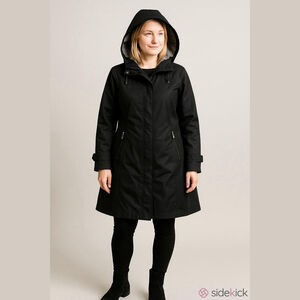 Women's GALLERY PETITE Black Hooded Trench Rain Coat, Plaid Lining Small Petite